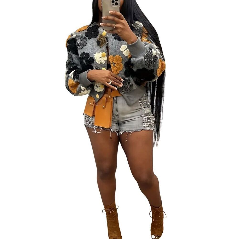 Trendy Floral Print Cropped Bomber Jacket Gray XL Fall Party Textured - Picture 6 of 15